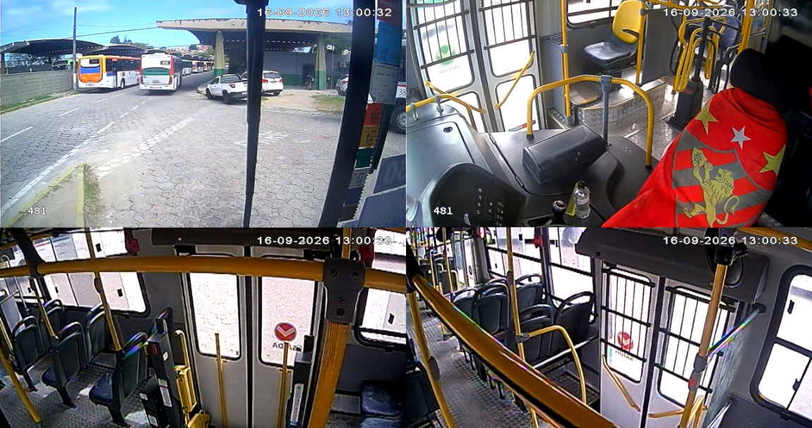 Mosaico de quatro câmeras gravadas pelo DVR CanguruSmart: pátio da garagem, posto do motorista e dois ângulos do salão do ônibus