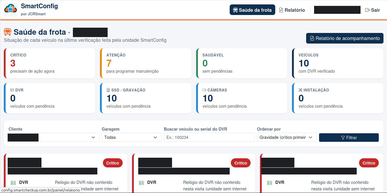 Painel SmartConfig de saúde da frota com contagem de veículos críticos, em atenção e saudáveis, e pendências por área